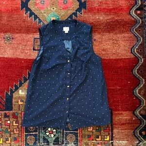 Navy Sleeveless Button-Up Top with Polka Dots